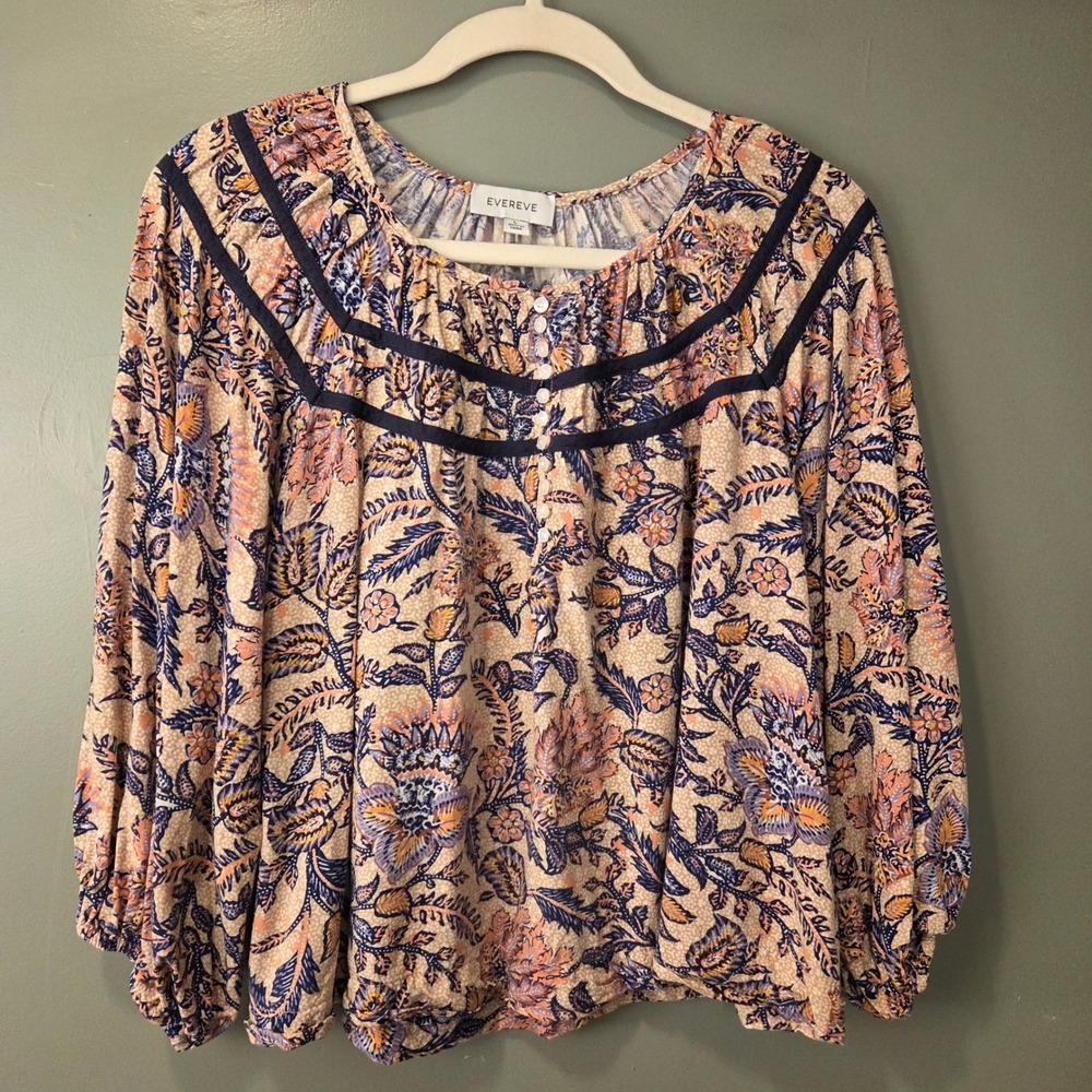 Evereve Women's Oliver Floral Print Blouse Puff Sleeve Button Front Boho Size L